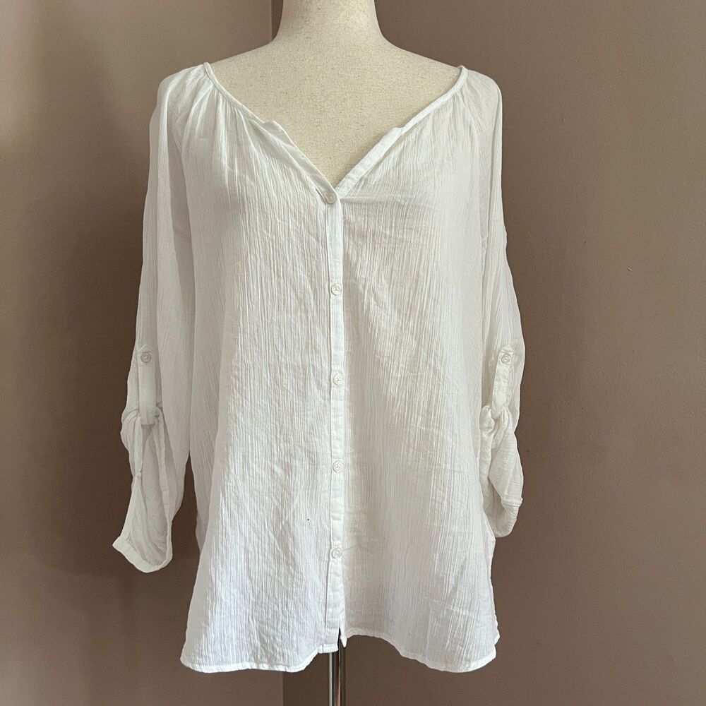 Coastal Old Navy White Gauze Boho Button Front Top Resort Vacation Beachy Size L